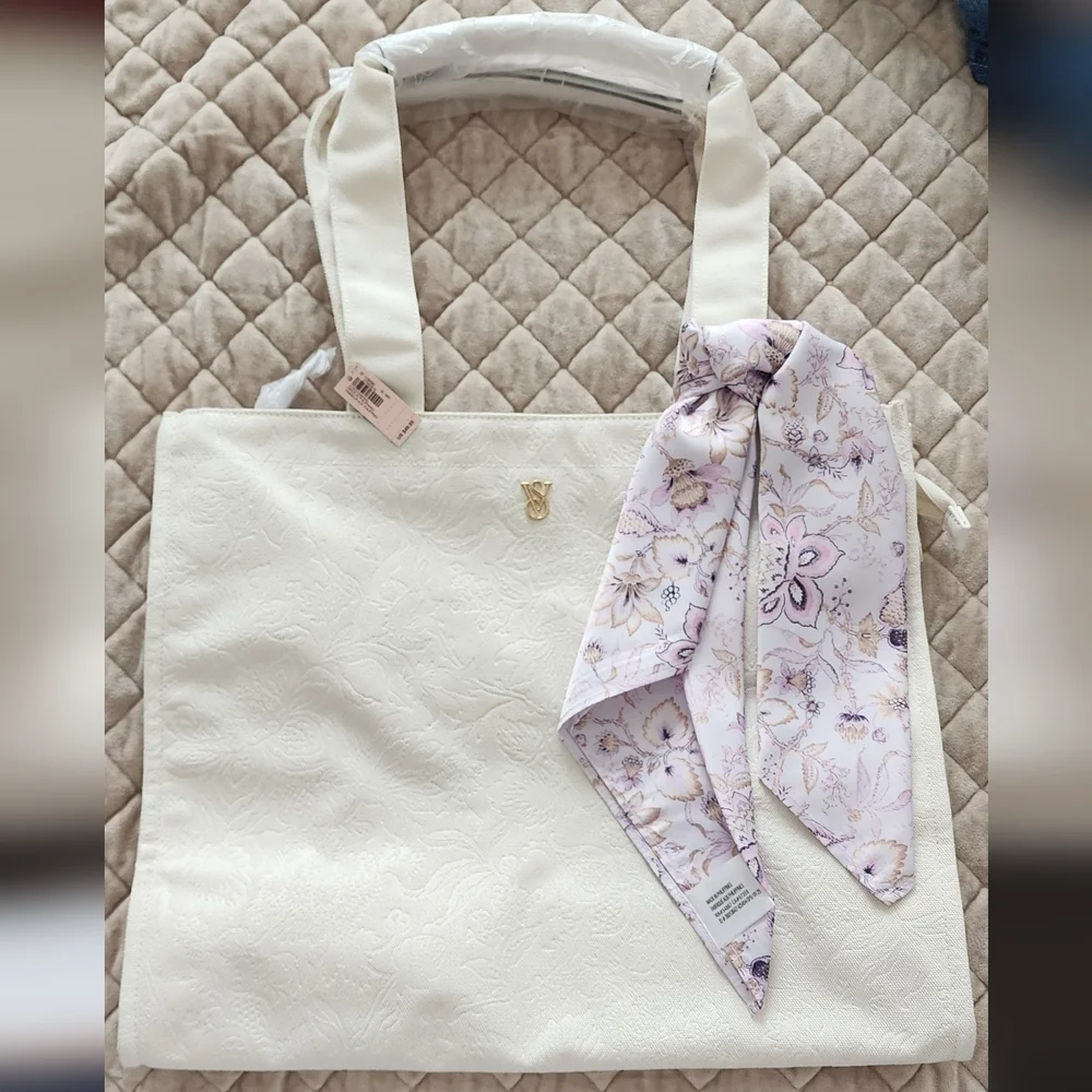 Victoria's Secret White Tote Bag with Floral Scarf